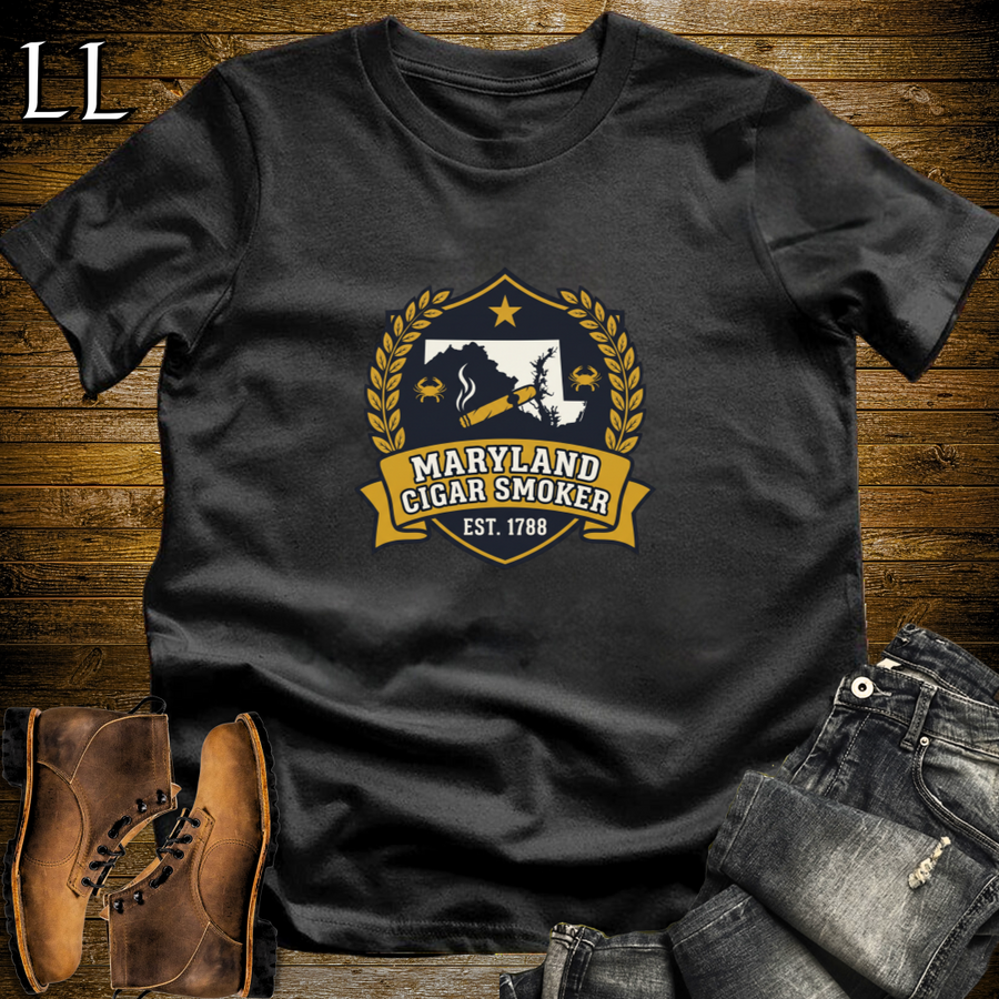 Maryland Cigar Smoker Shield T-Shirt Black | Maryland Cigar Crest Shirt