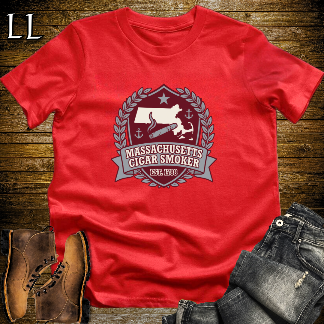 Massachusetts Cigar Smoker Shield T-Shirt Red | Cigar Crest Shirt