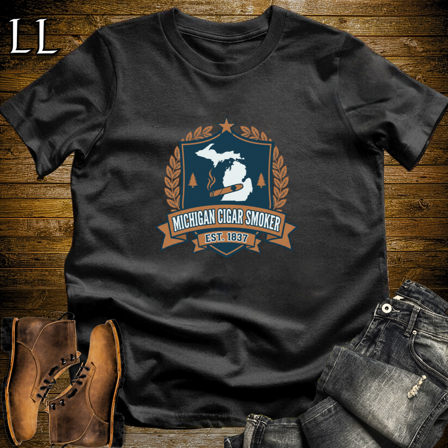 Michigan Cigar Smoker Shield T-Shirt Black | Cigar Crest Gift