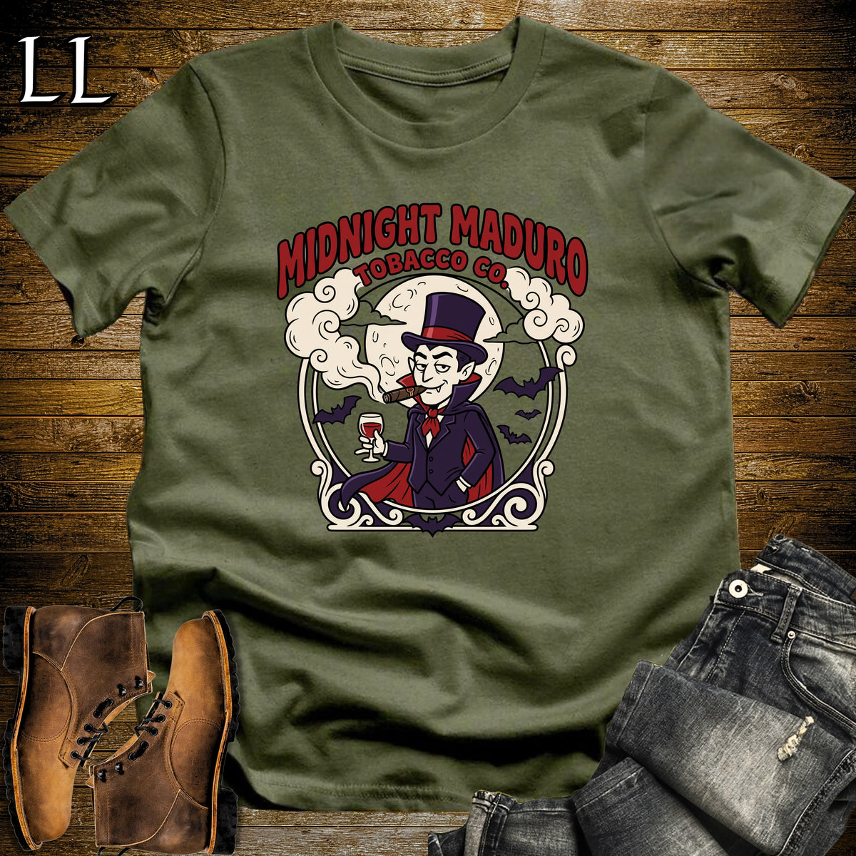 Midnight Maduro Vampire Top Hat Cigar Label T-Shirt Military Green | Halloween Cigar Tee