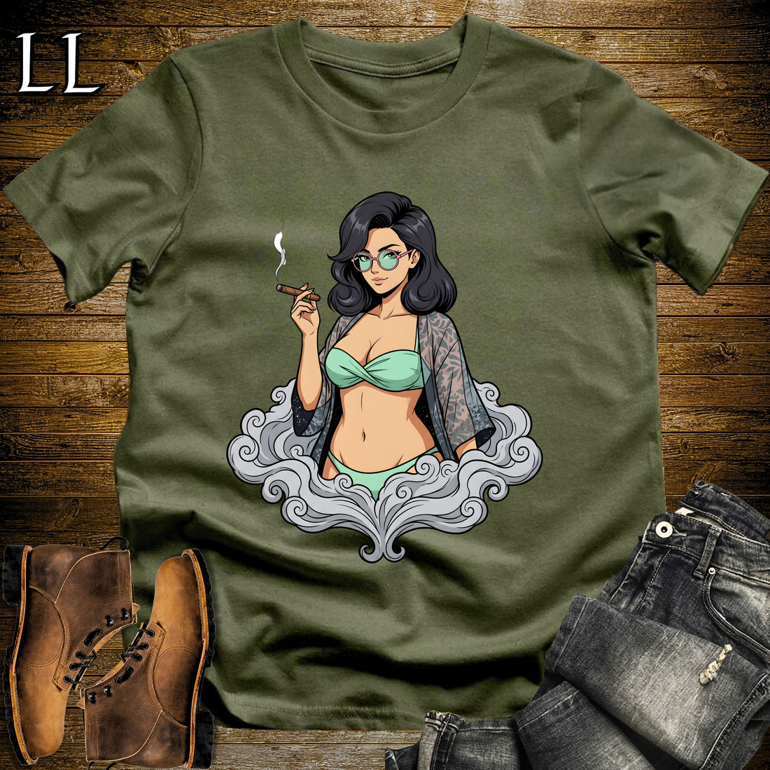 Candela's Smoke Break Cigar Girl T-Shirt Military Green | Cigar Pin-Up Girl Tee
