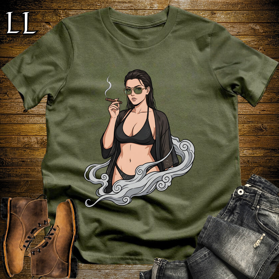 Oscura's Smoke Break Cigar Girl T-Shirt Military Green | Cigar Pin-Up Girl Tee