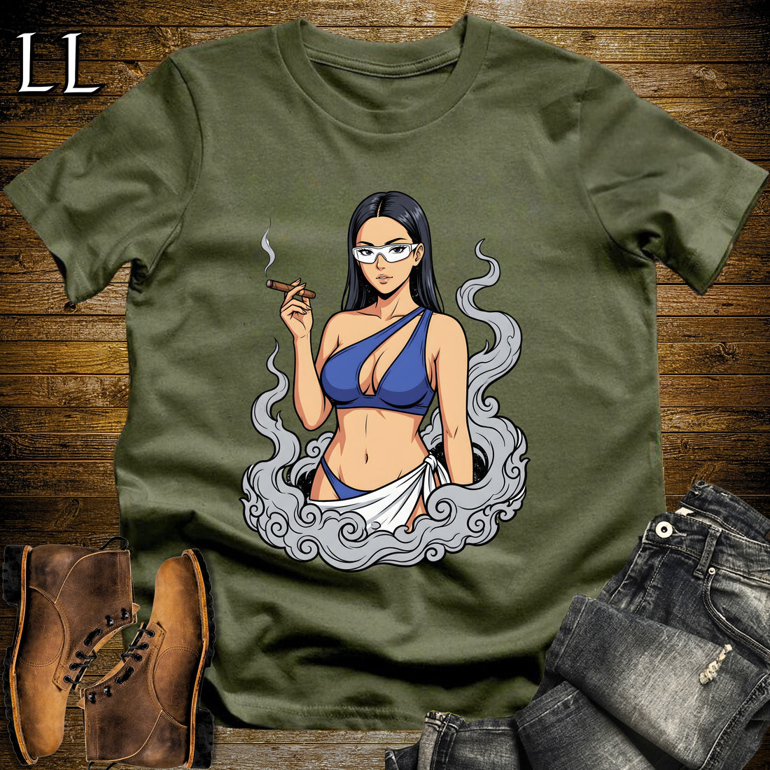 Azura's Smoke Break Cigar Girl T-Shirt Military Green | Cigar Pin-Up Girl Tee