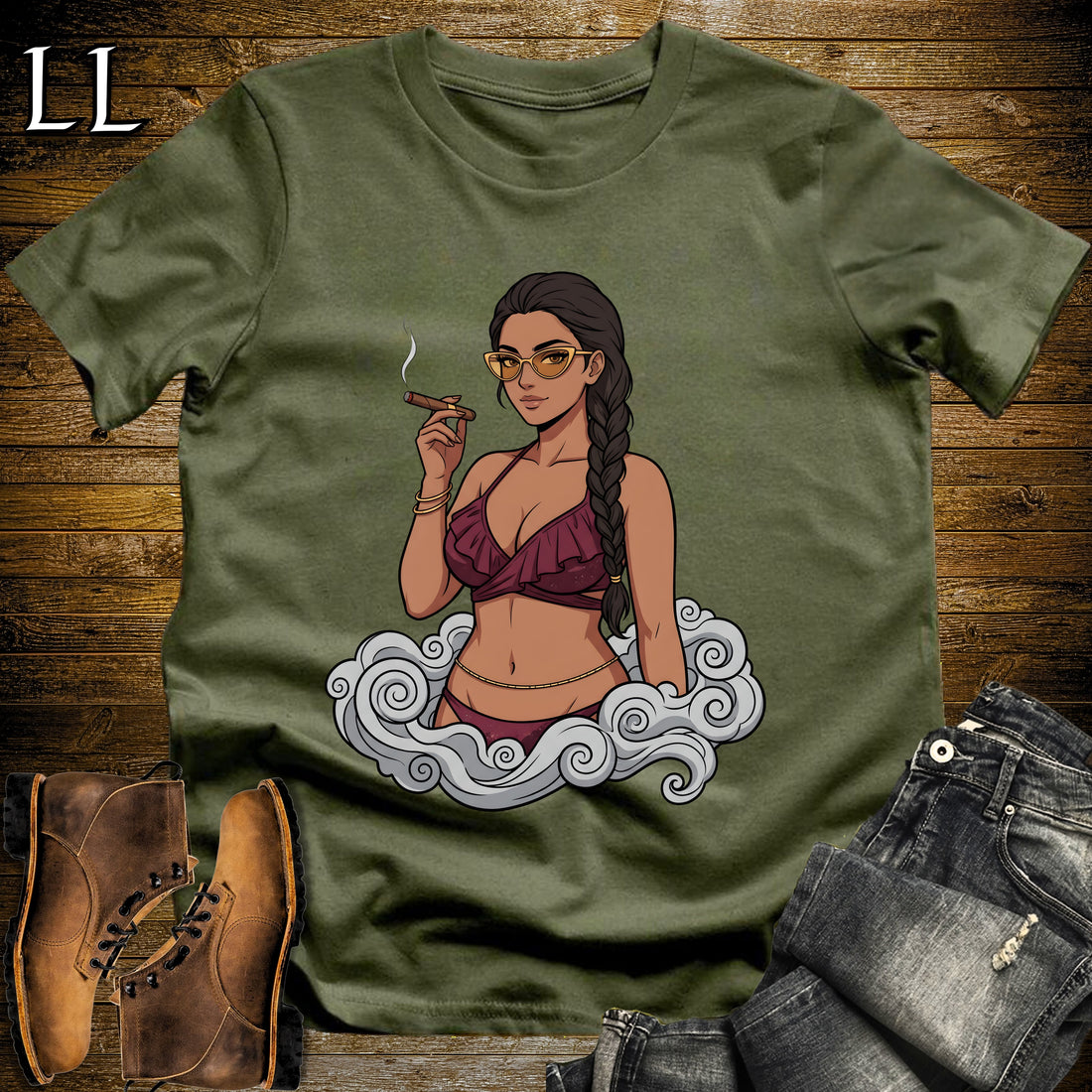 Reina's Smoke Break Cigar Girl T-Shirt Military Green | Cigar Pin-Up Girl Tee