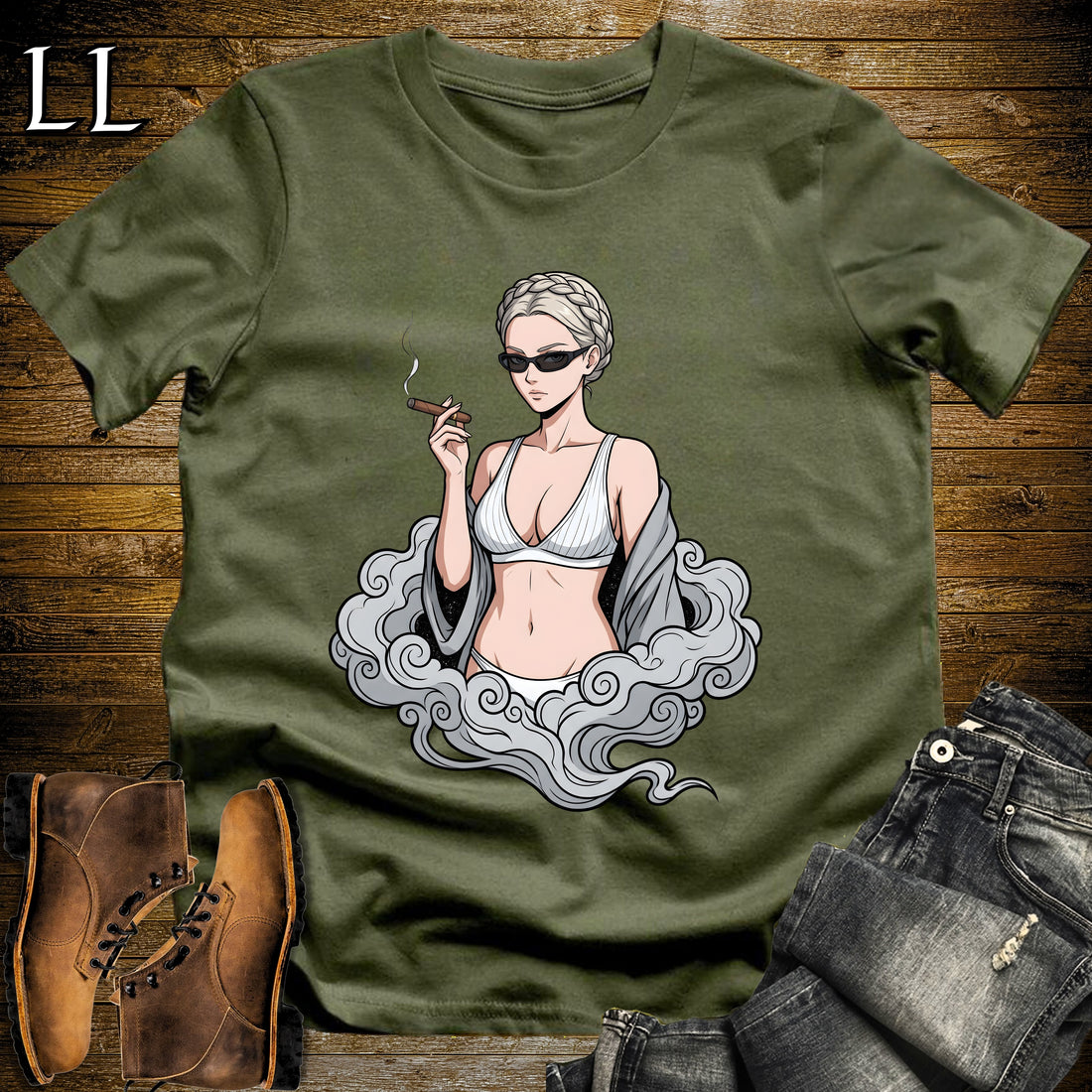 Perla's Smoke Break Cigar Girl T-Shirt Military Green | Cigar Pin-Up Girl Tee