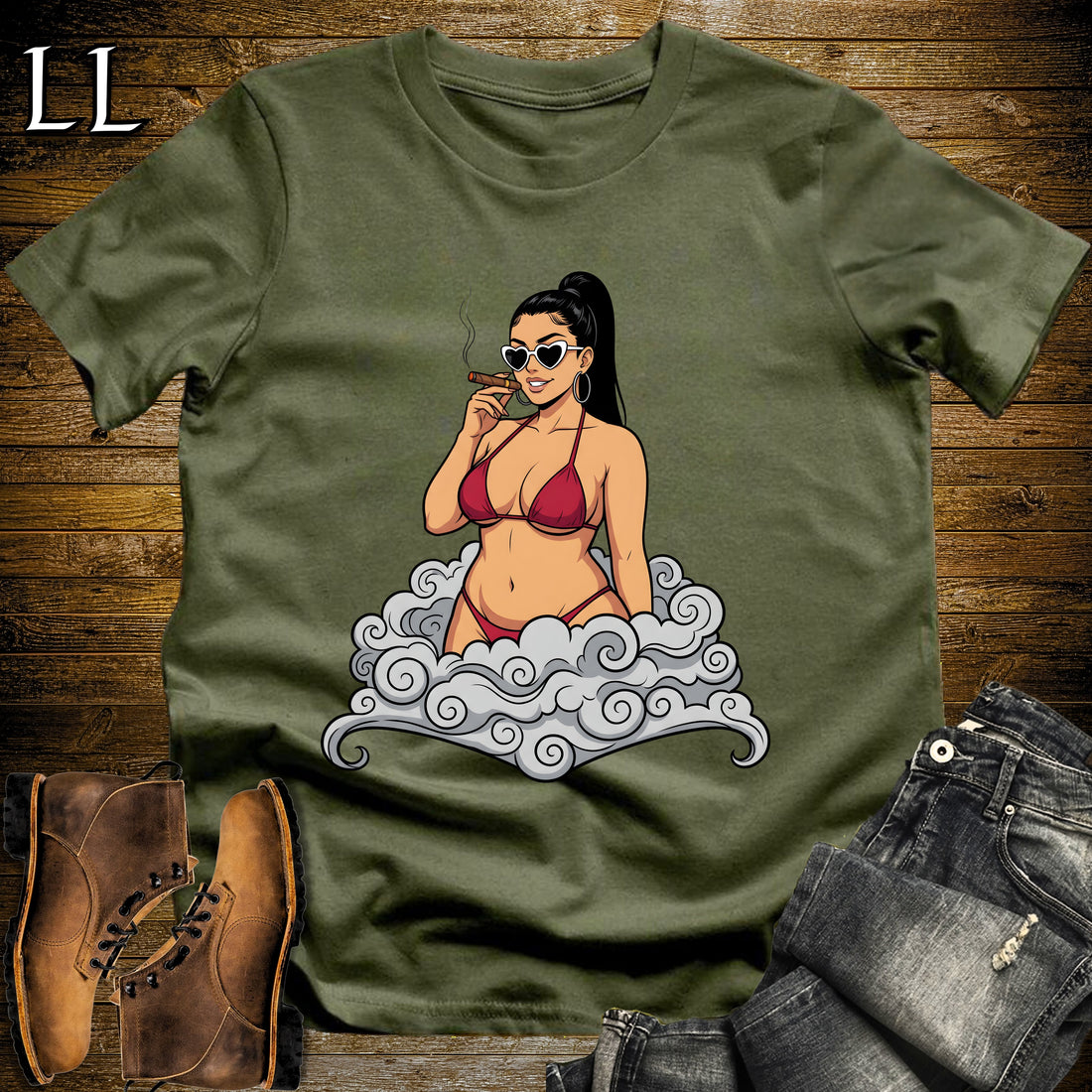 Valentina's Smoke Break Cigar Girl T-Shirt Military Green | Cigar Pin-Up Girl Tee