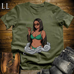 Esmeralda's Smoke Break Cigar Girl T-Shirt Military Green | Cigar Pin-Up Girl Tee