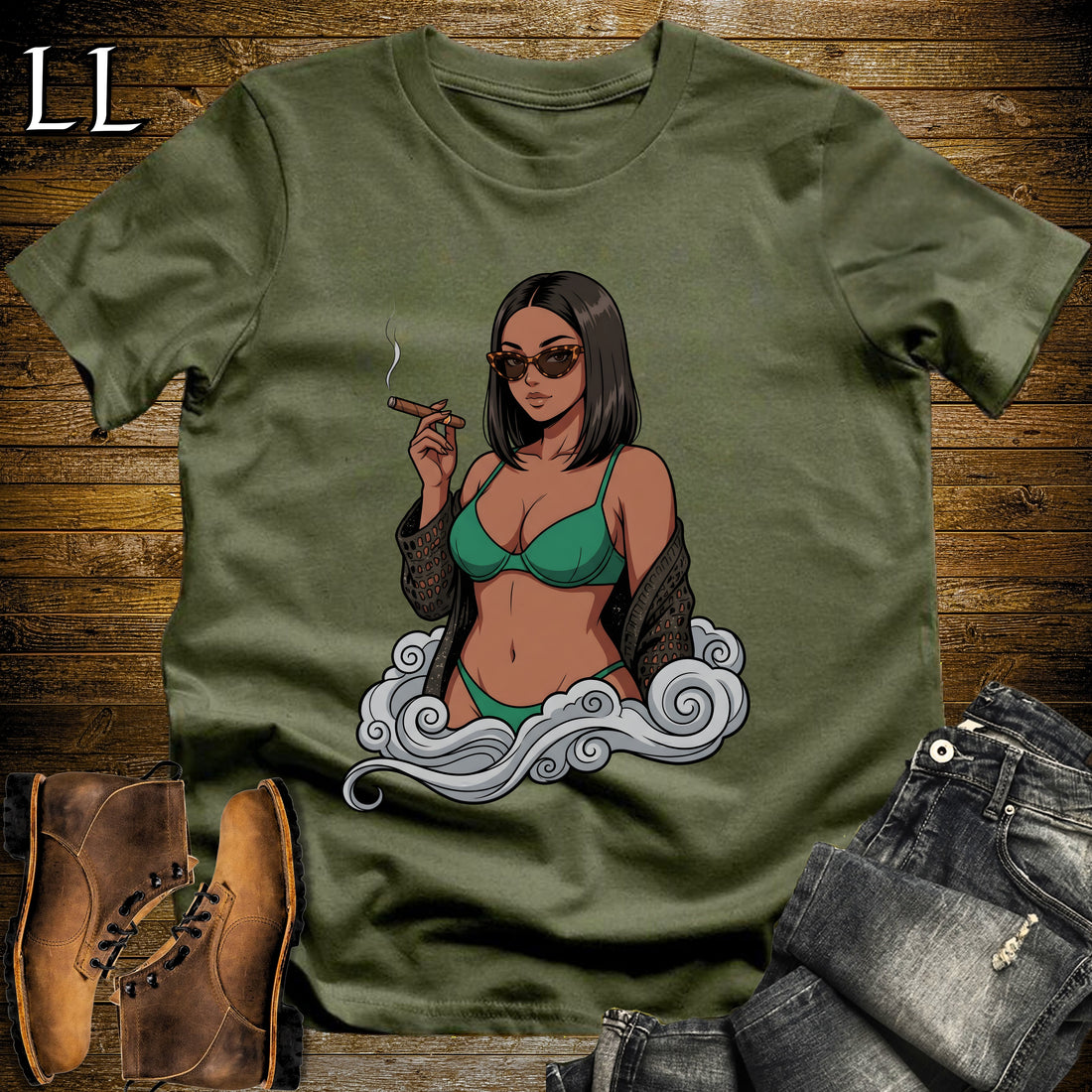 Esmeralda's Smoke Break Cigar Girl T-Shirt Military Green | Cigar Pin-Up Girl Tee