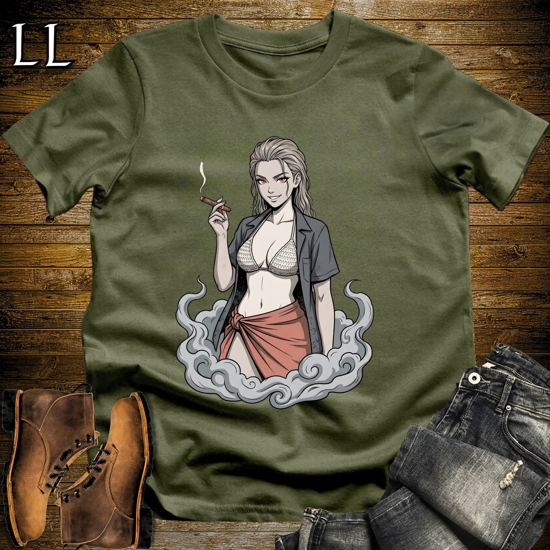 Ceniza's Smoke Break Cigar Girl T-Shirt Military Green | Cigar Pin-Up Girl Tee