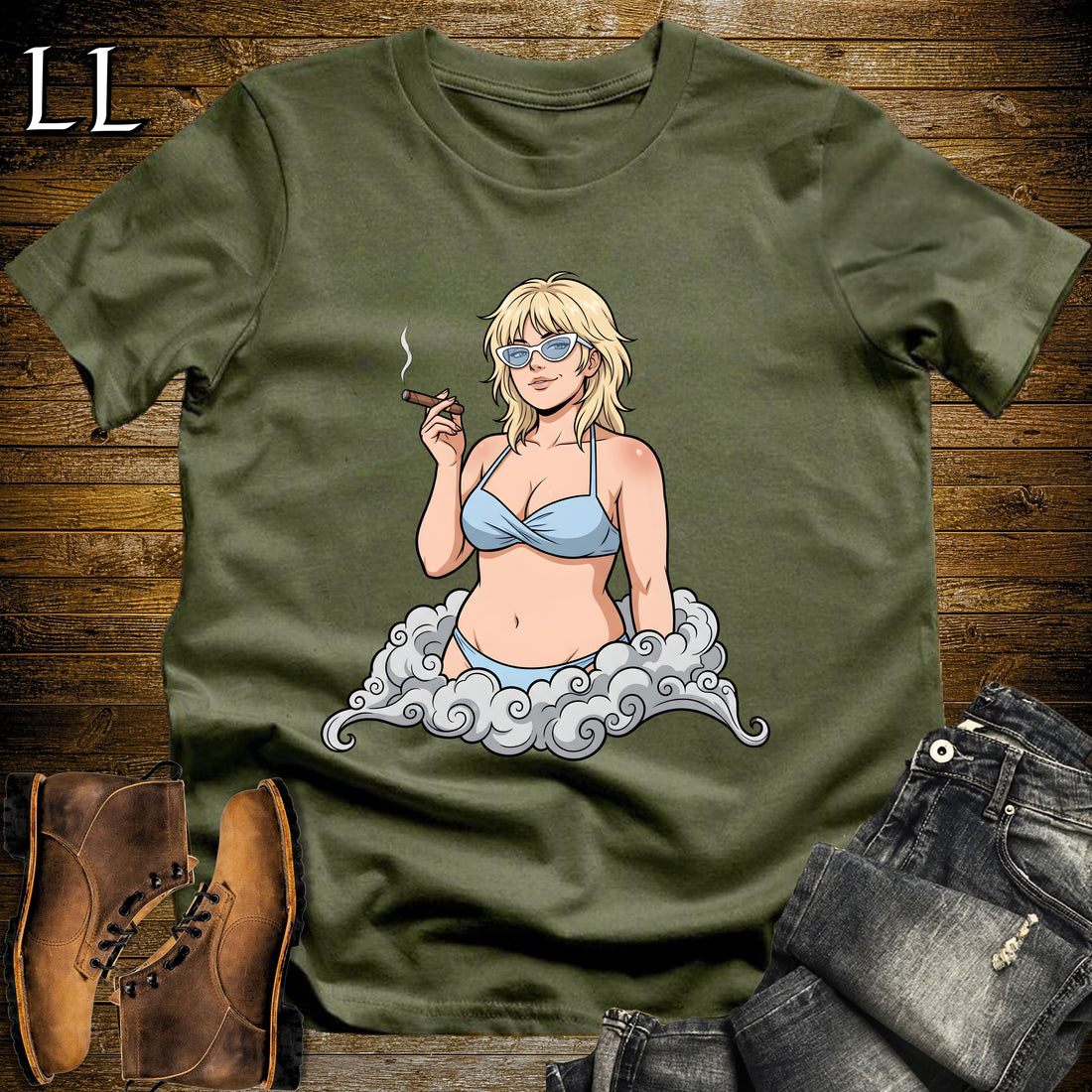 Celeste's Smoke Break Cigar Girl T-Shirt Military Green | Cigar Pin-Up Girl Tee