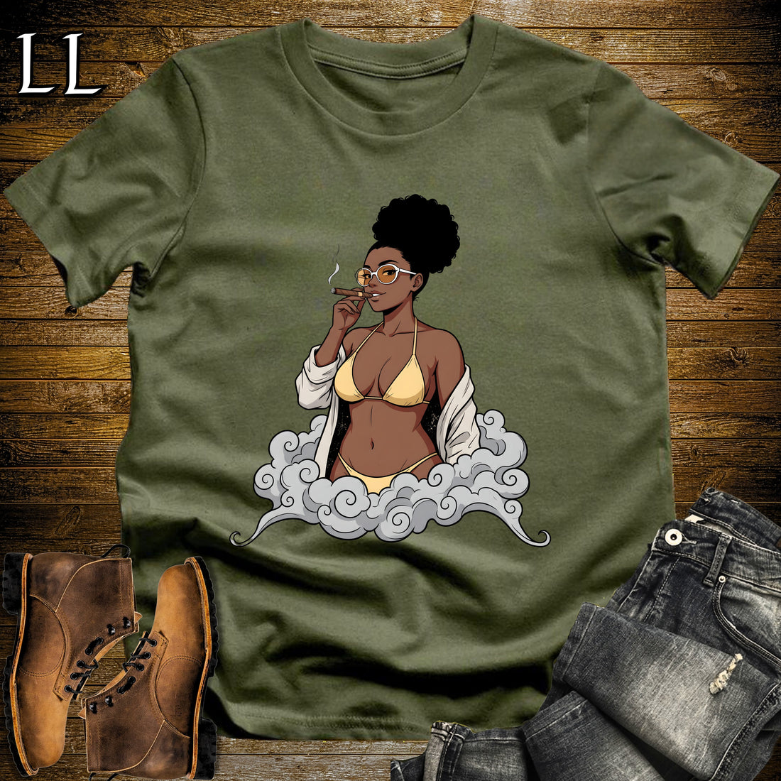 Solana's Smoke Break Cigar Girl T-Shirt Military Green | Cigar Pin-Up Girl Tee