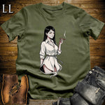 Clara's Smoke Break Cigar Girl T-Shirt Military Green | Cigar Pin-Up Girl Tee