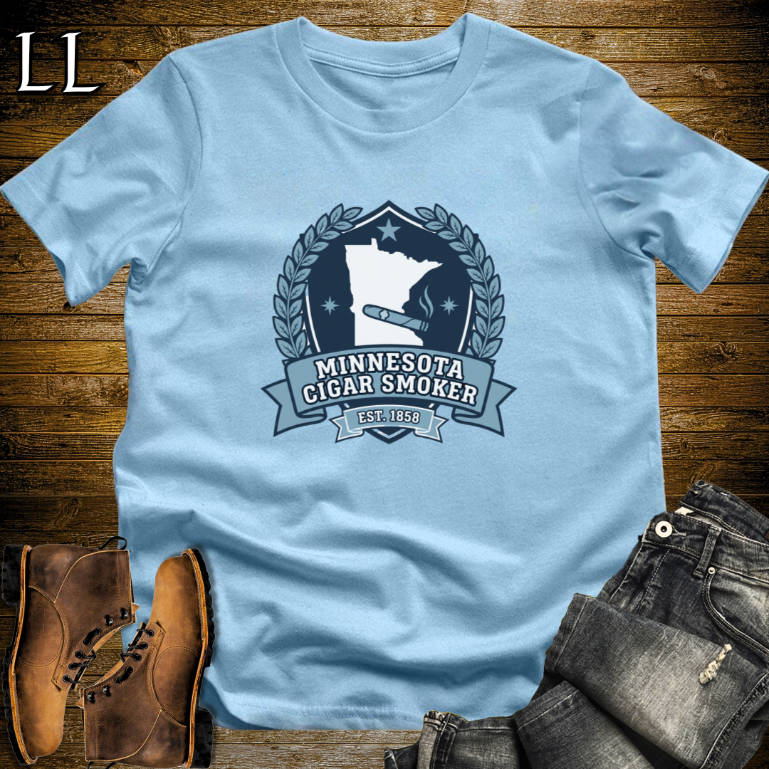Minnesota Cigar Smoker Shield T-Shirt Light Blue | State Crest Cigar Shirt