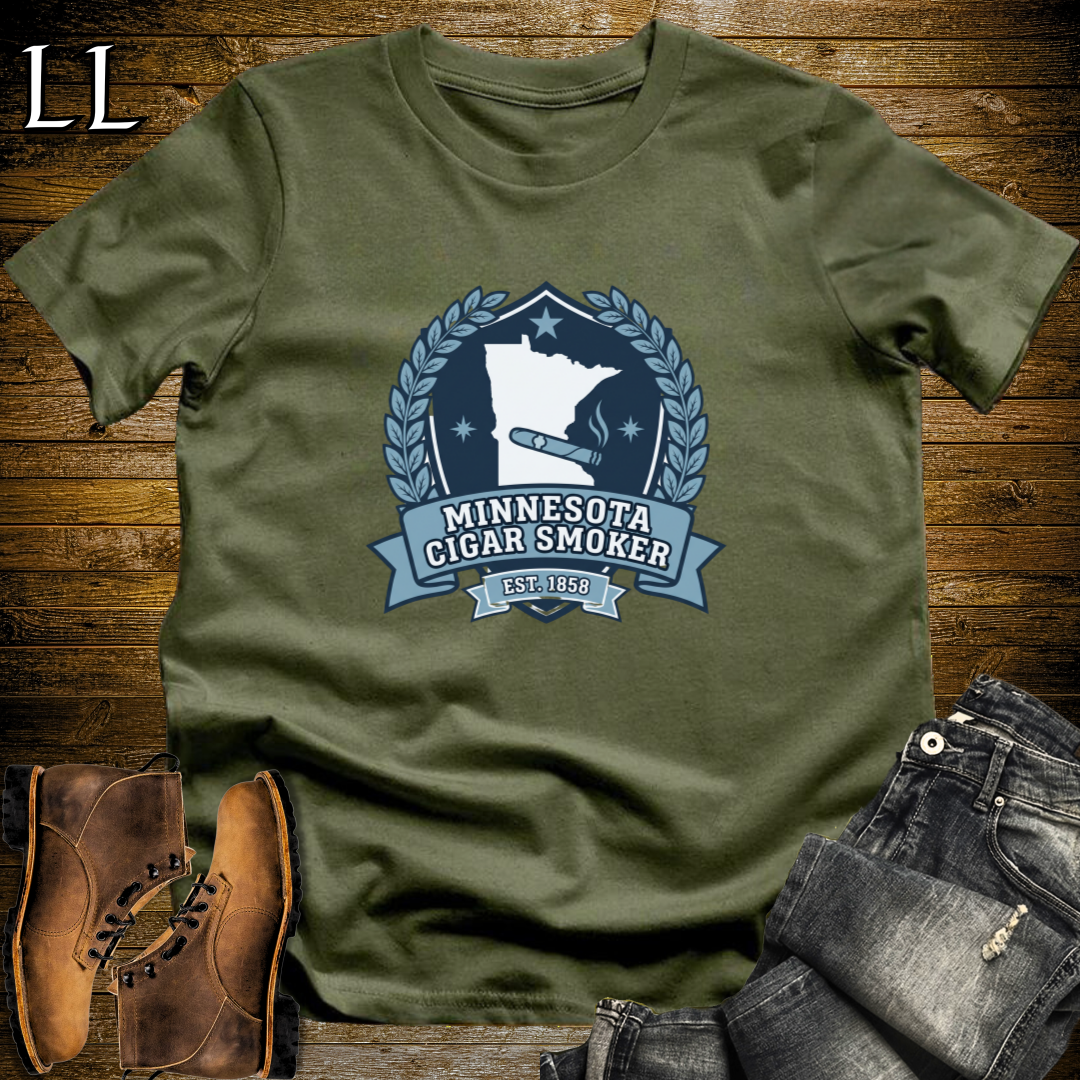 Minnesota Cigar Smoker Shield T-Shirt Military Green | State Crest Cigar Shirt