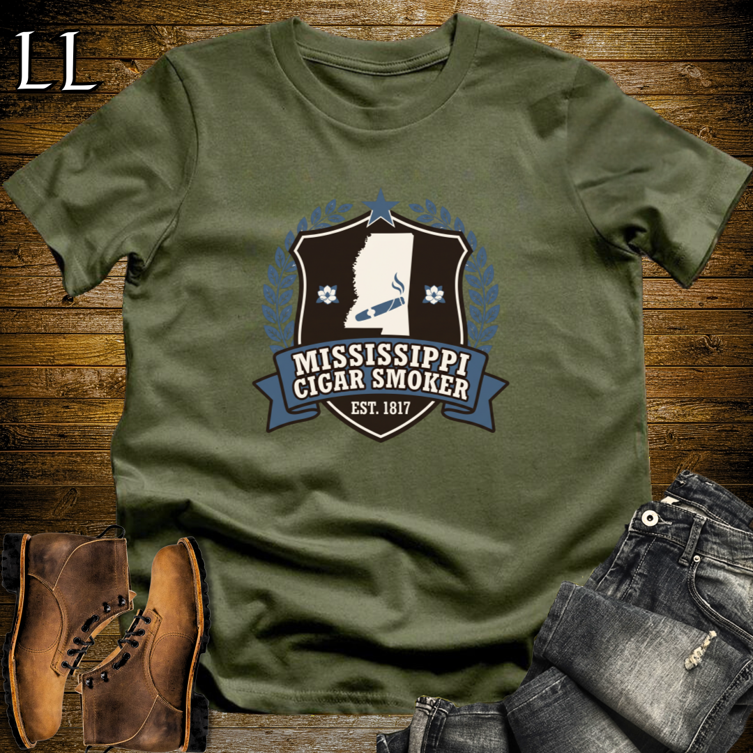 Mississippi Cigar Smoker Shield T-Shirt Military Green | Mississippi Cigar Crest Shirt