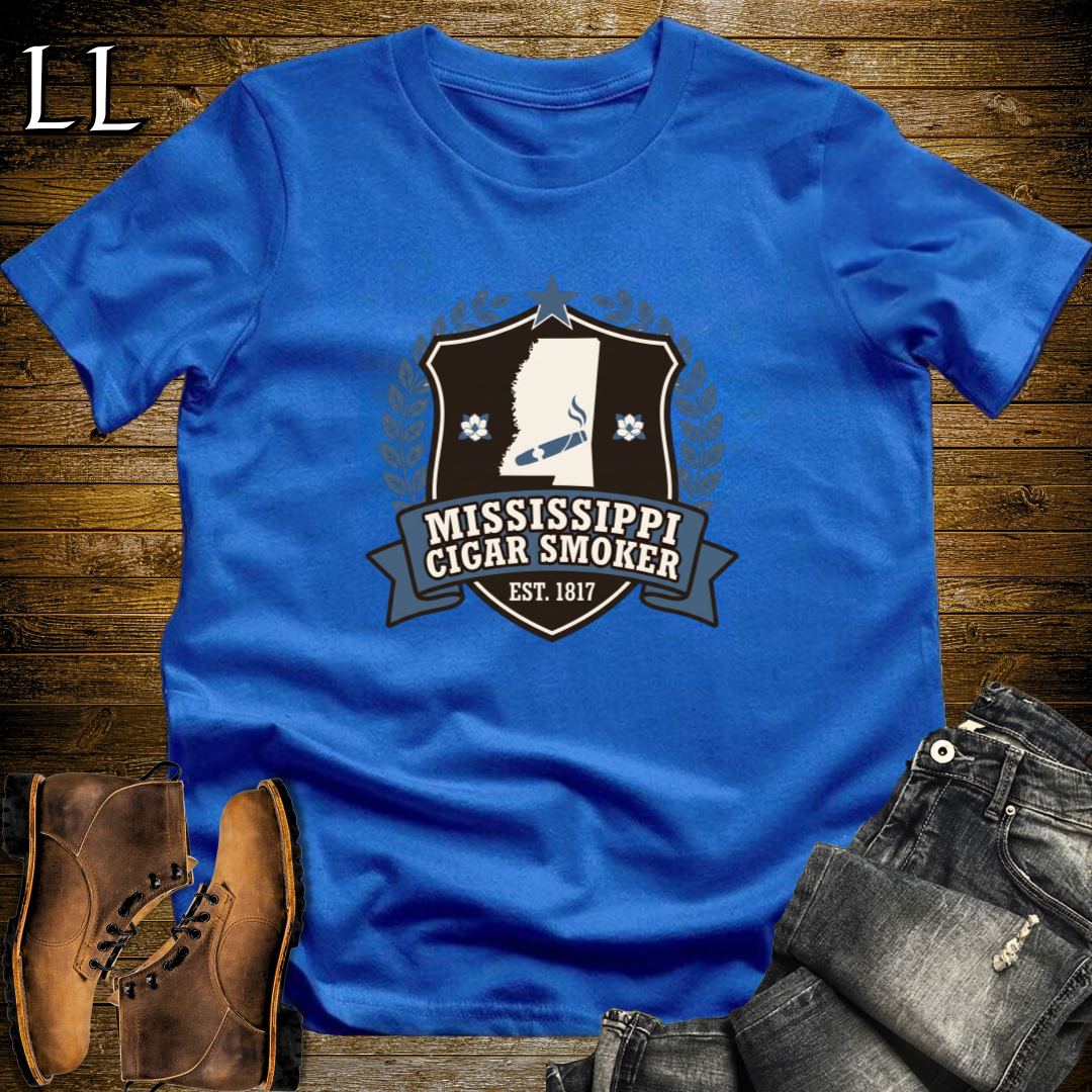 Mississippi Cigar Smoker Shield T-Shirt Royal Blue | Mississippi Cigar Crest Shirt