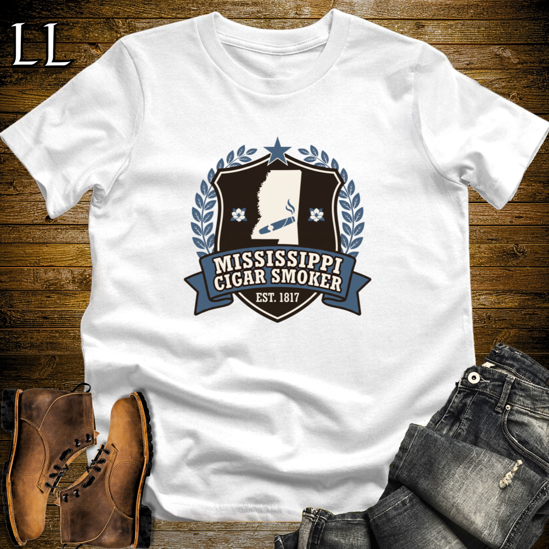 Mississippi Cigar Smoker Shield T-Shirt White | Mississippi Cigar Crest Shirt