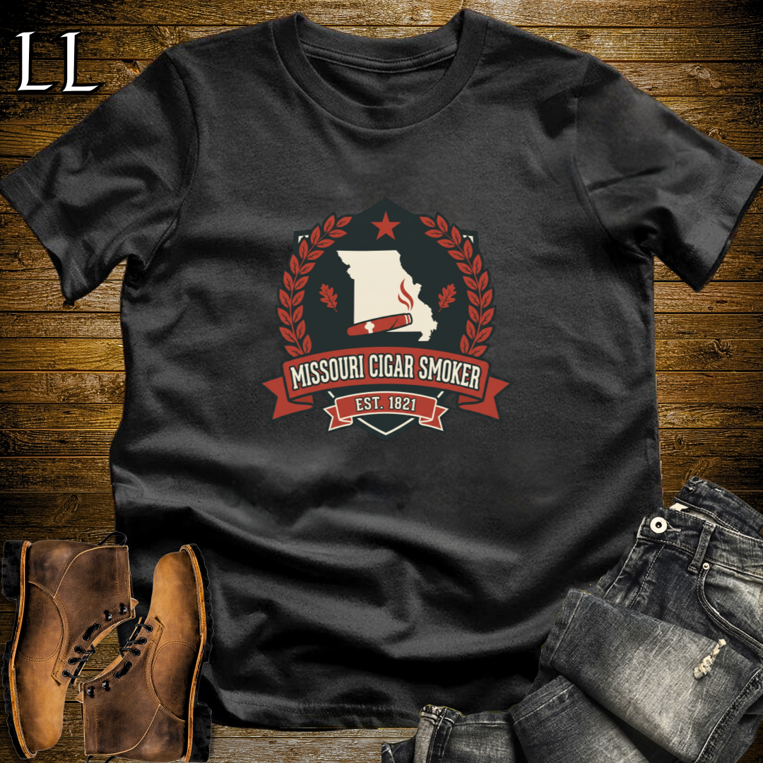 Missouri Cigar Smoker Shield T-Shirt Black | Show Me State Cigar Crest Tee