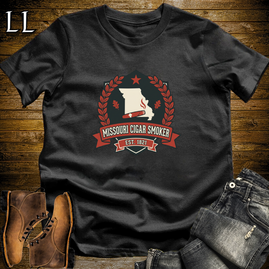 Missouri Cigar Smoker Shield T-Shirt Black | Show Me State Cigar Crest Tee