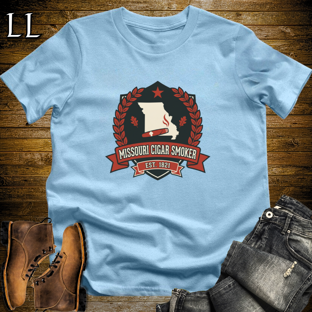Missouri Cigar Smoker Shield T-Shirt Light Blue | Show Me State Cigar Crest Tee