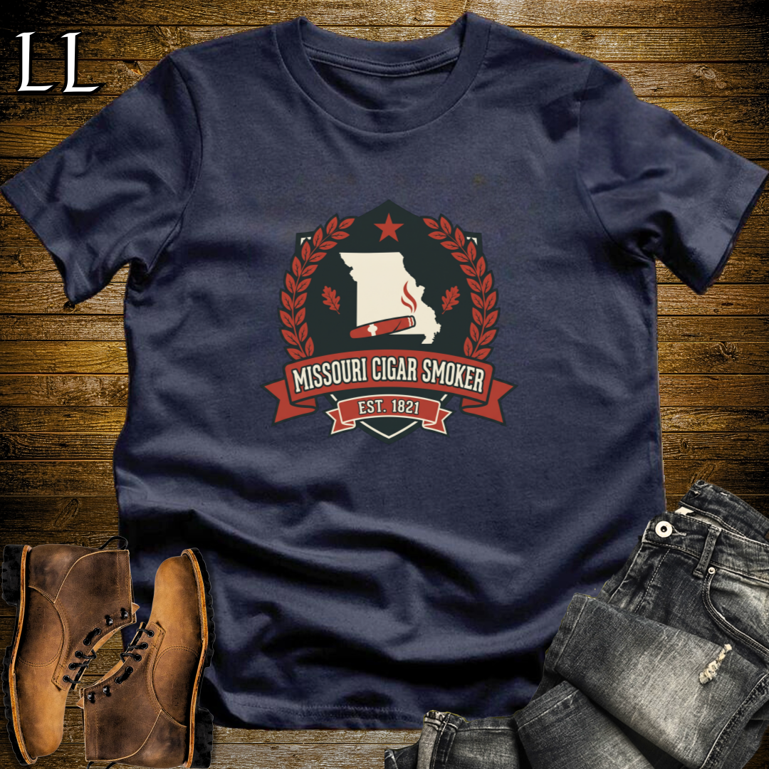Missouri Cigar Smoker Shield T-Shirt Navy | Show Me State Cigar Crest Tee
