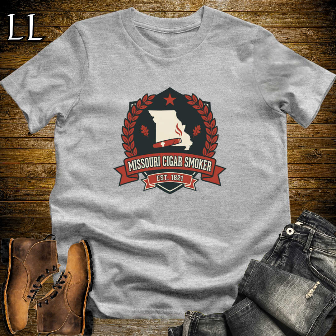 Missouri Cigar Smoker Shield T-Shirt Sport Grey | Show Me State Cigar Crest Tee