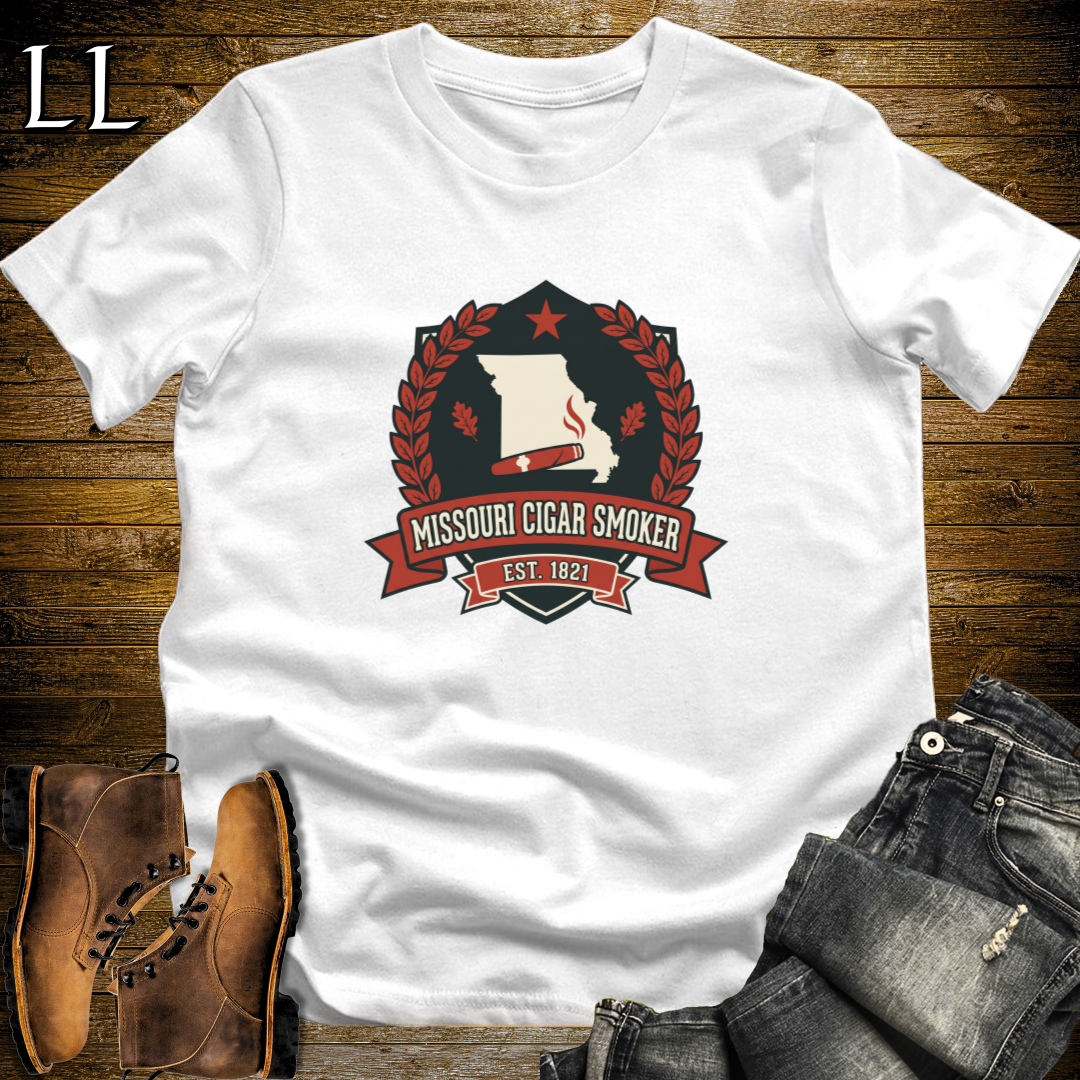 Missouri Cigar Smoker Shield T-Shirt White | Show Me State Cigar Crest Tee