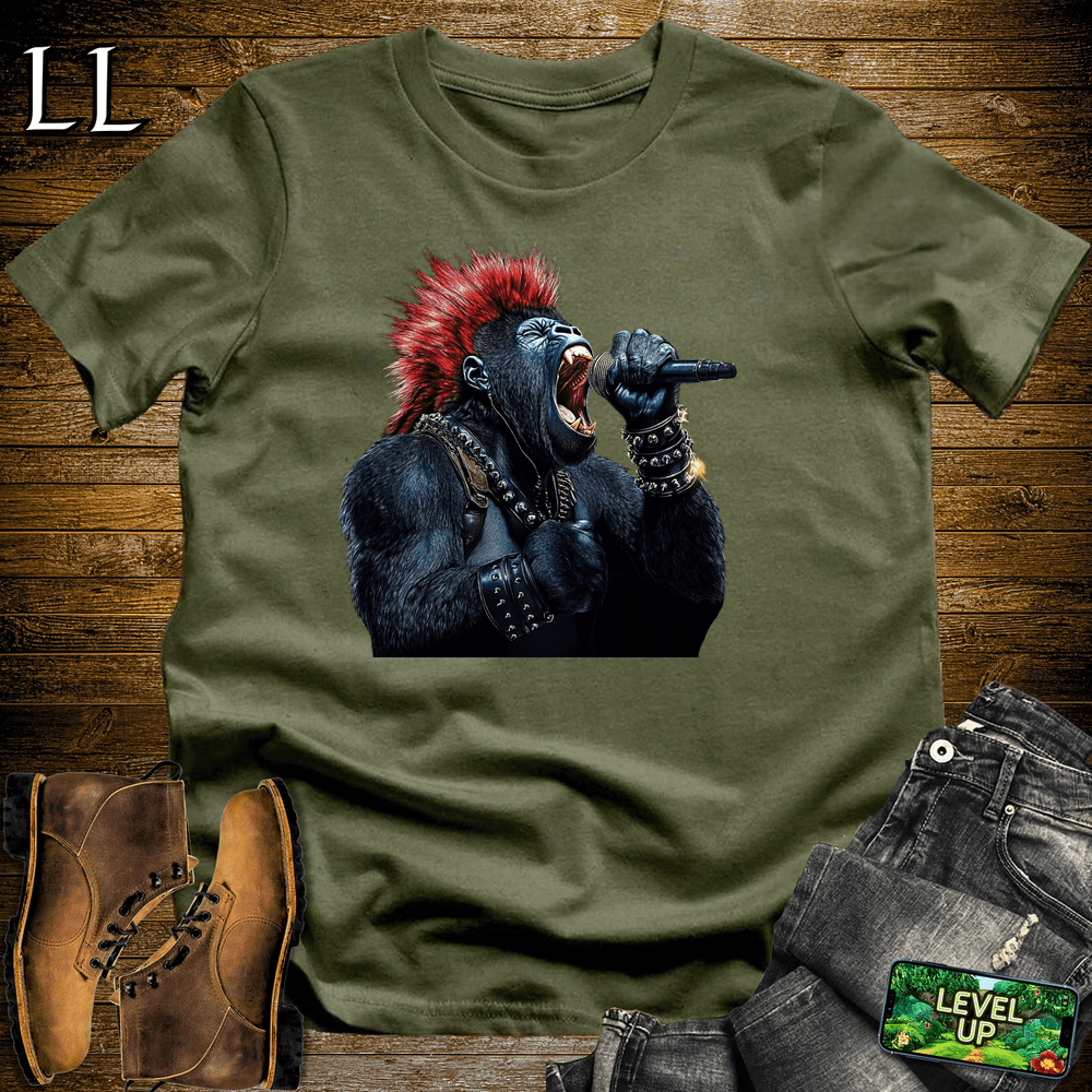 Mohawk Rocker Gorilla Military Green | Funny Music Lover Shirt