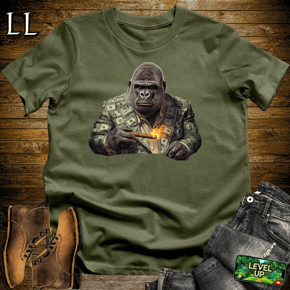 Money Suit Cigar Gorilla Military Green | Gorilla Graphic Tee