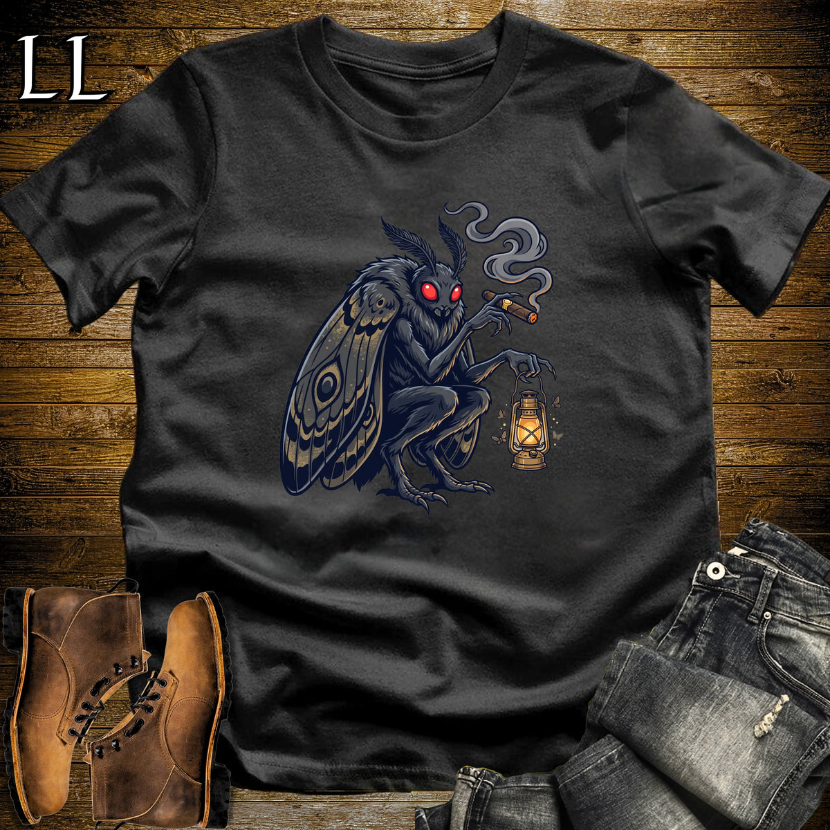 Mothman Lantern Cigar T-Shirt Black | Mothman Cryptid Cigar Tee