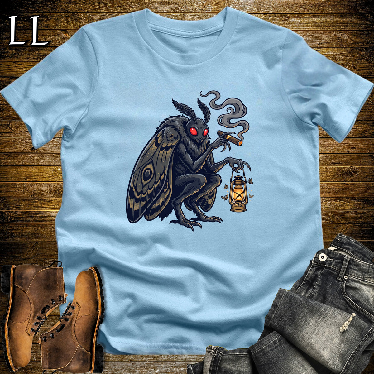 Mothman Lantern Cigar T-Shirt Light Blue | Mothman Cryptid Cigar Tee