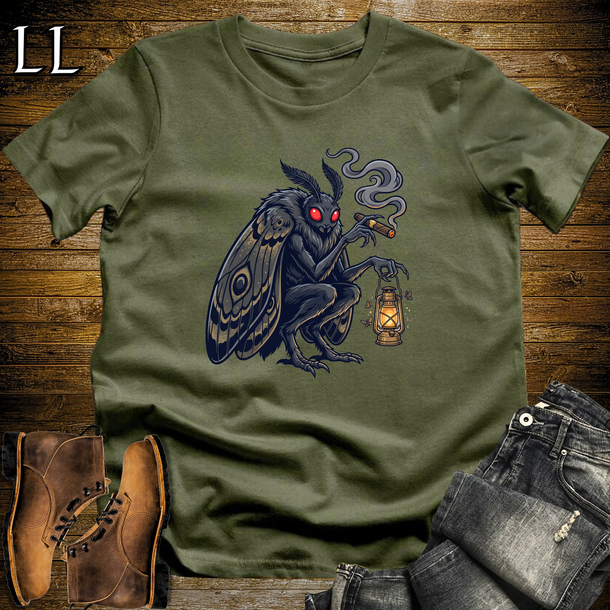 Mothman Lantern Cigar T-Shirt Military Green | Mothman Cryptid Cigar Tee