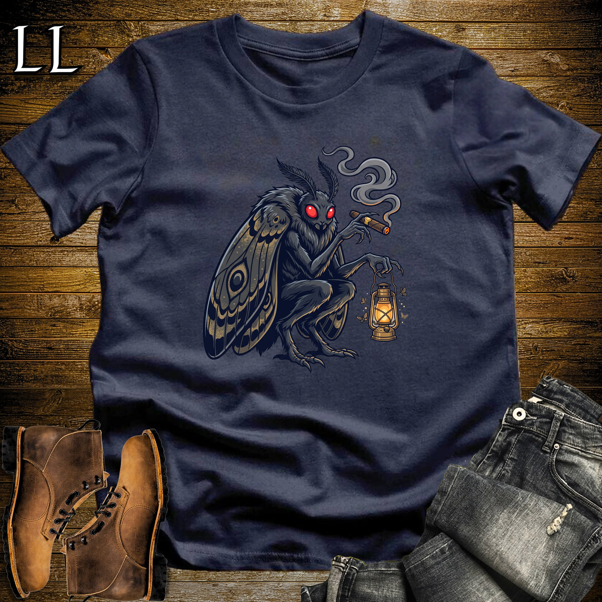 Mothman Lantern Cigar T-Shirt Navy | Mothman Cryptid Cigar Tee