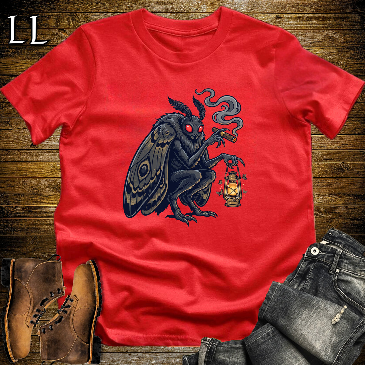 Mothman Lantern Cigar T-Shirt Red | Mothman Cryptid Cigar Tee