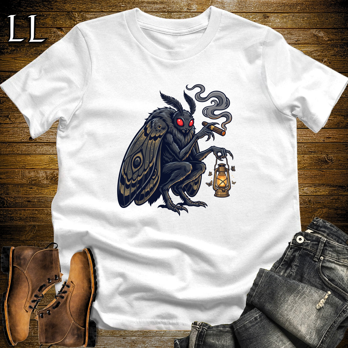 Mothman Lantern Cigar T-Shirt White | Mothman Cryptid Cigar Tee