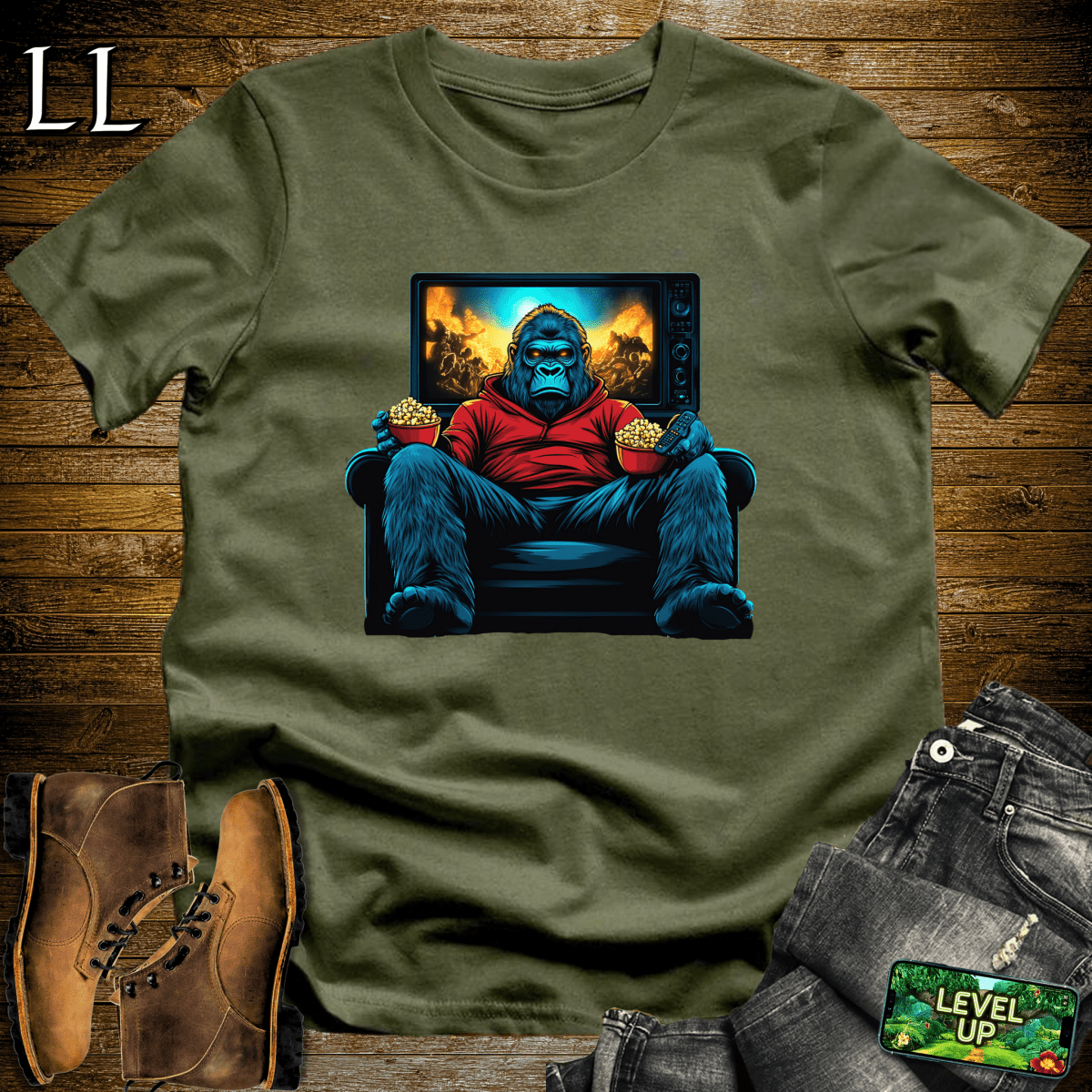 Movie Time Gorilla Softstyle Tee - Military Green - LegacyLayers
