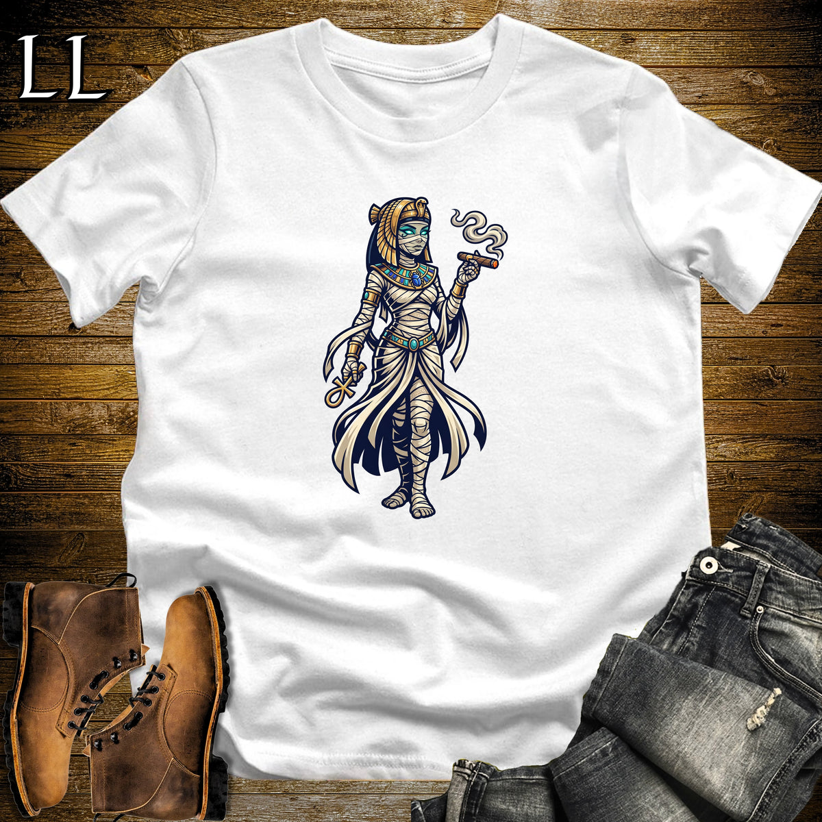 Mummy Queen Ankh Cigar T-Shirt White | Mummy Queen Cigar Tee