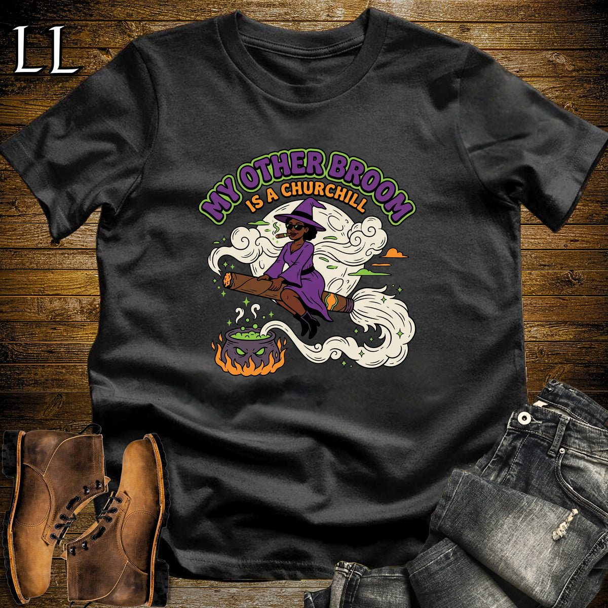 My Other Broom Is a Churchill Witch Moon Cigar Black Woman T-Shirt Black | Witch Cigar Tee