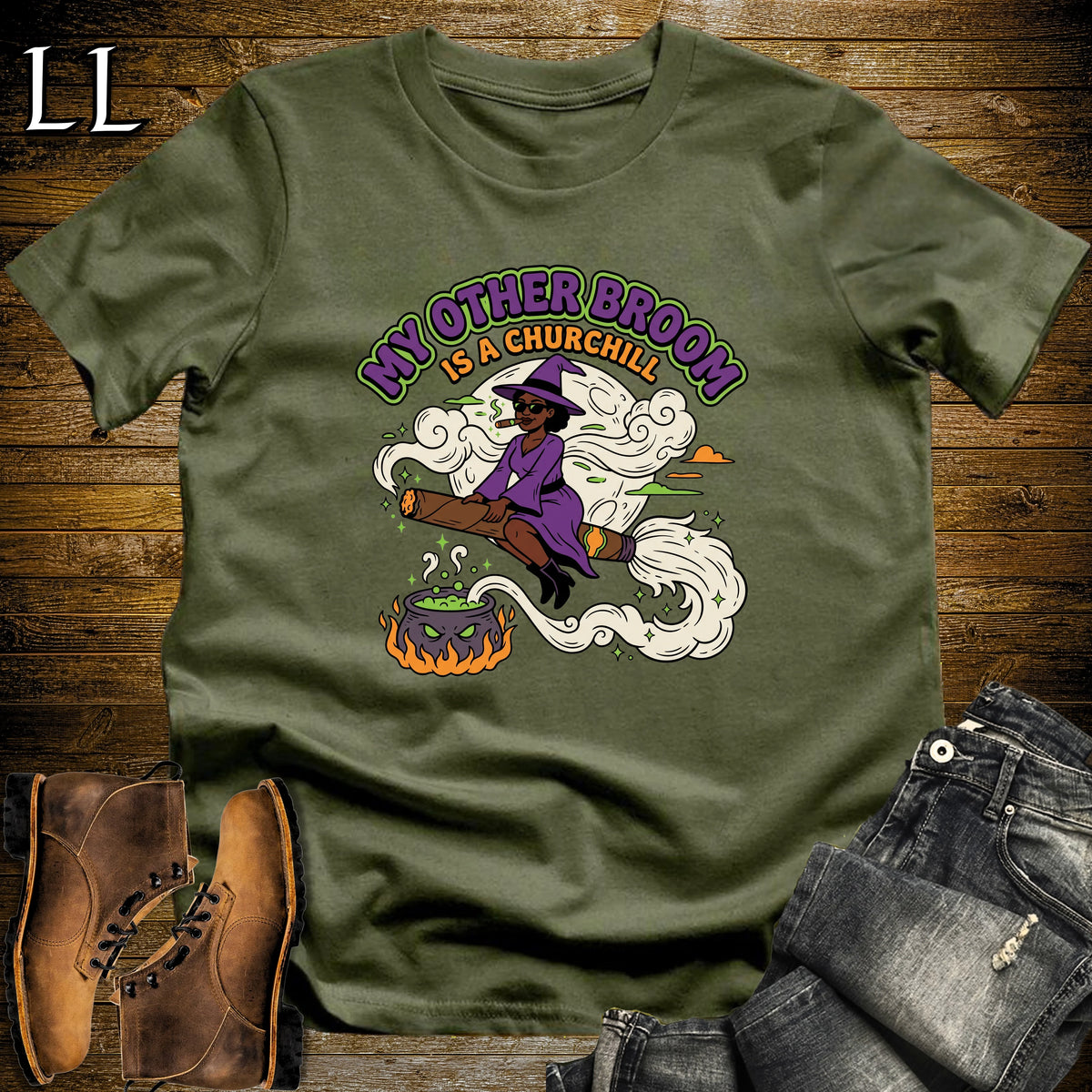 My Other Broom Is a Churchill Witch Moon Cigar Black Woman T-Shirt Military Green | Witch Cigar Tee