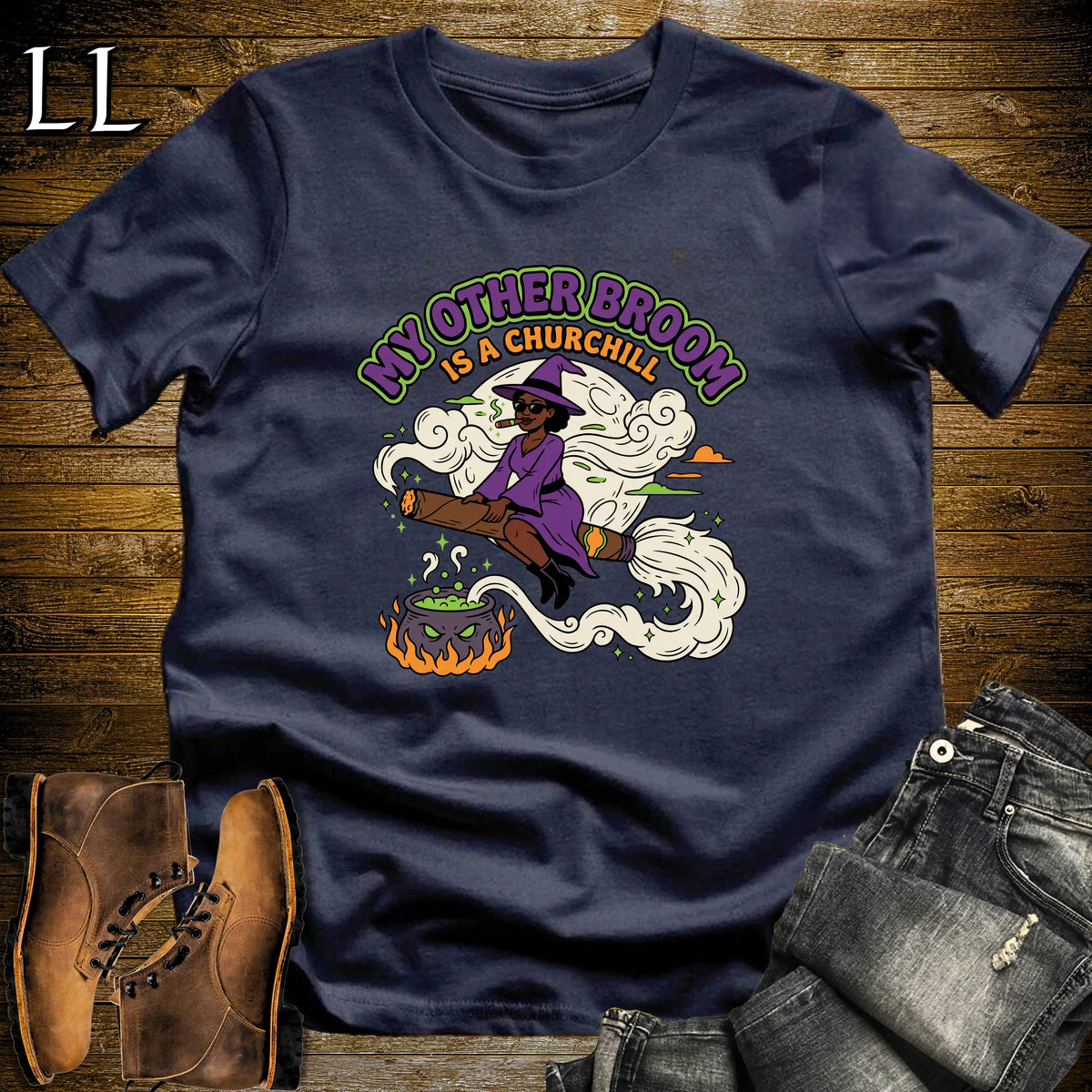 My Other Broom Is a Churchill Witch Moon Cigar Black Woman T-Shirt Navy | Witch Cigar Tee