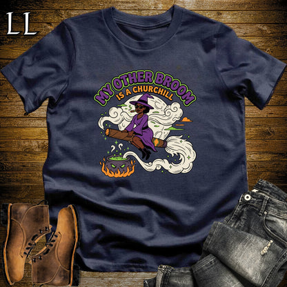 My Other Broom Is a Churchill Witch Moon Cigar Black Woman T-Shirt Navy | Witch Cigar Tee