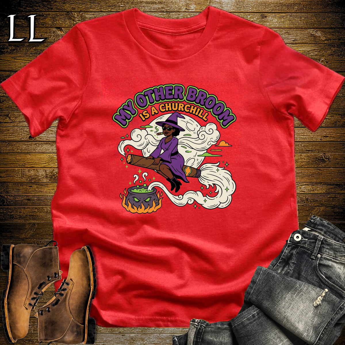 My Other Broom Is a Churchill Witch Moon Cigar Black Woman T-Shirt Red | Witch Cigar Tee