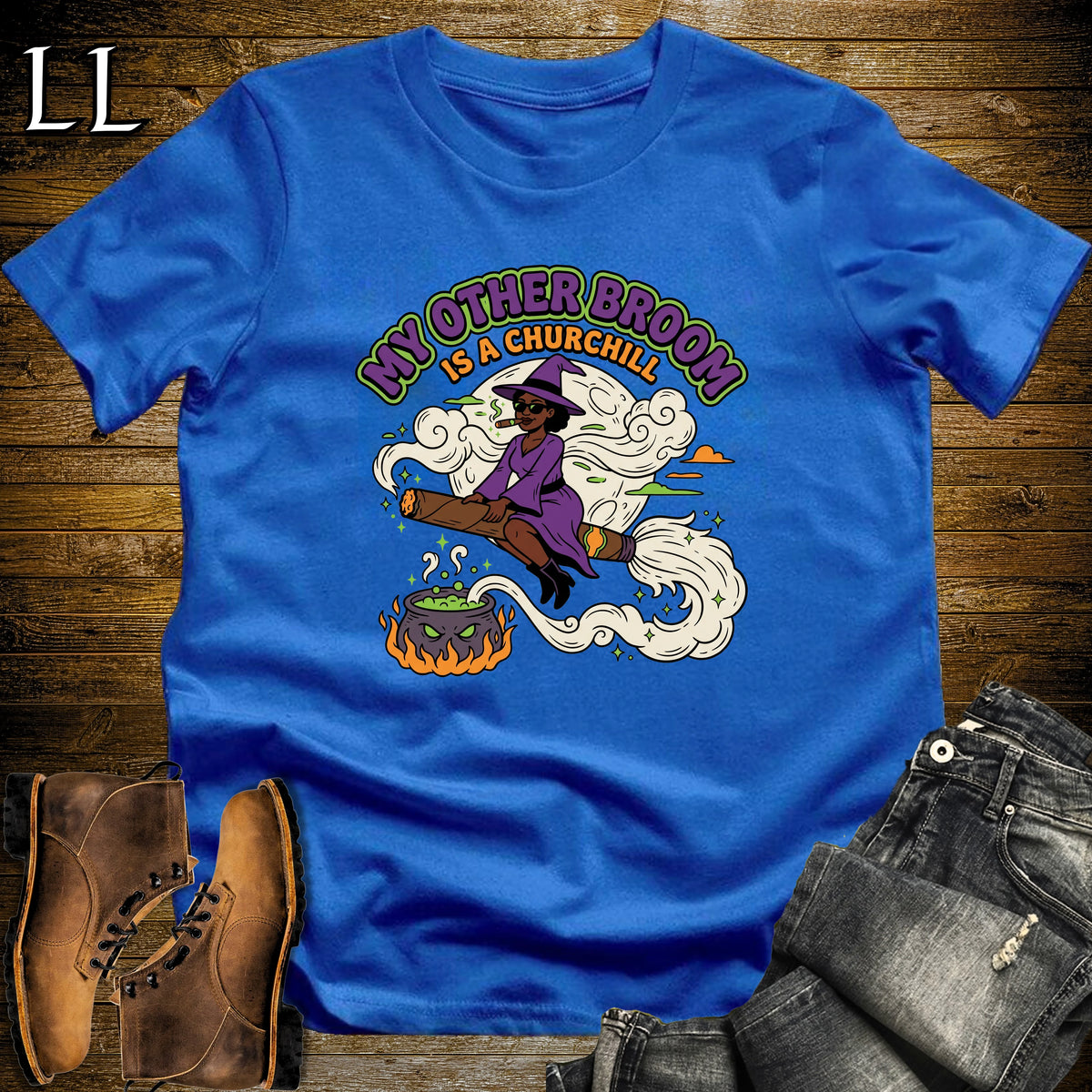 My Other Broom Is a Churchill Witch Moon Cigar Black Woman T-Shirt Royal | Witch Cigar Tee