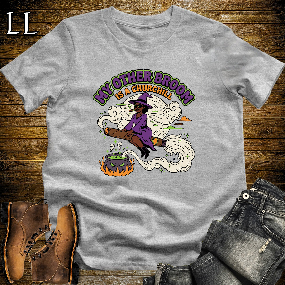 My Other Broom Is a Churchill Witch Moon Cigar Black Woman T-Shirt Sport Grey | Witch Cigar Tee