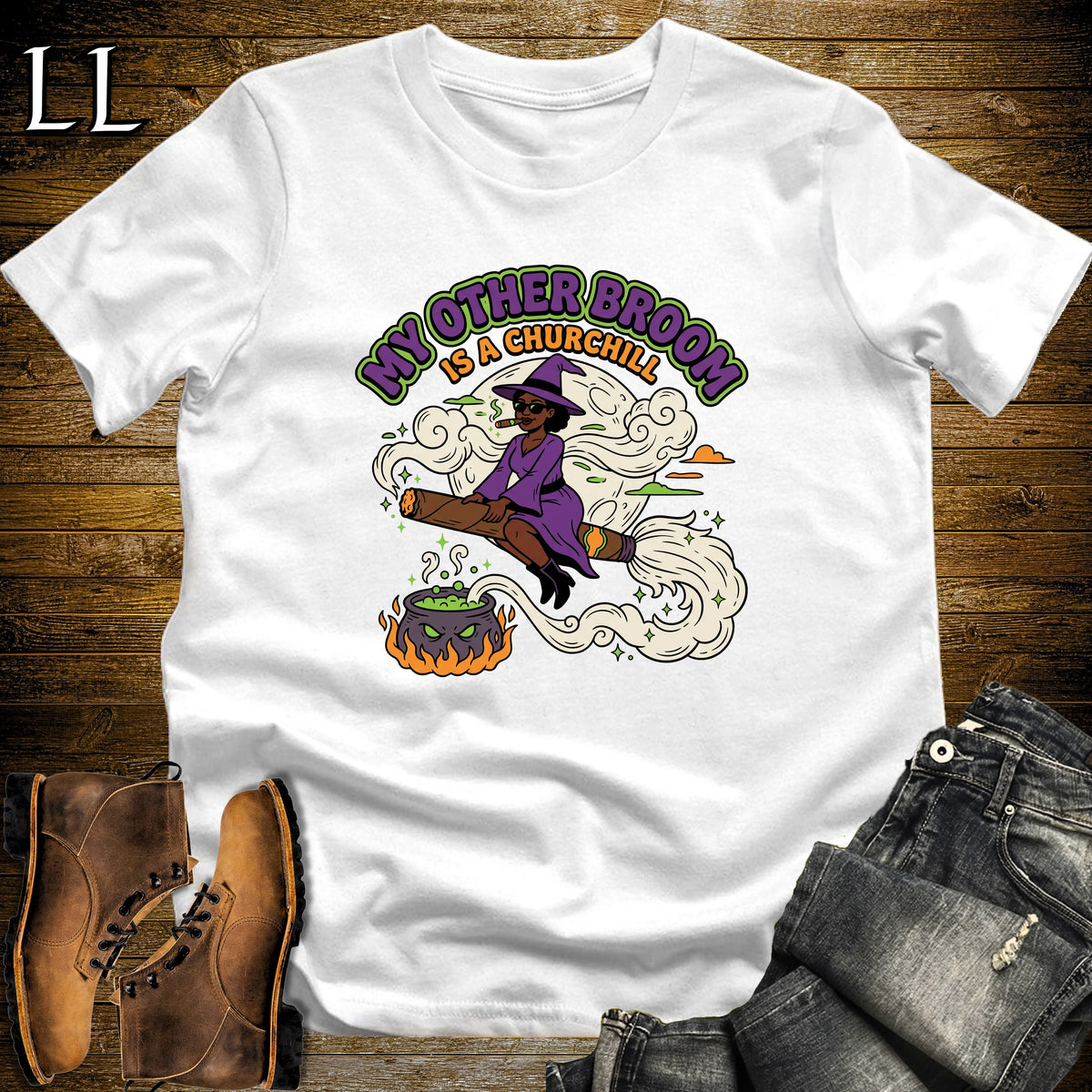 My Other Broom Is a Churchill Witch Moon Cigar Black Woman T-Shirt | Witch Cigar Tee