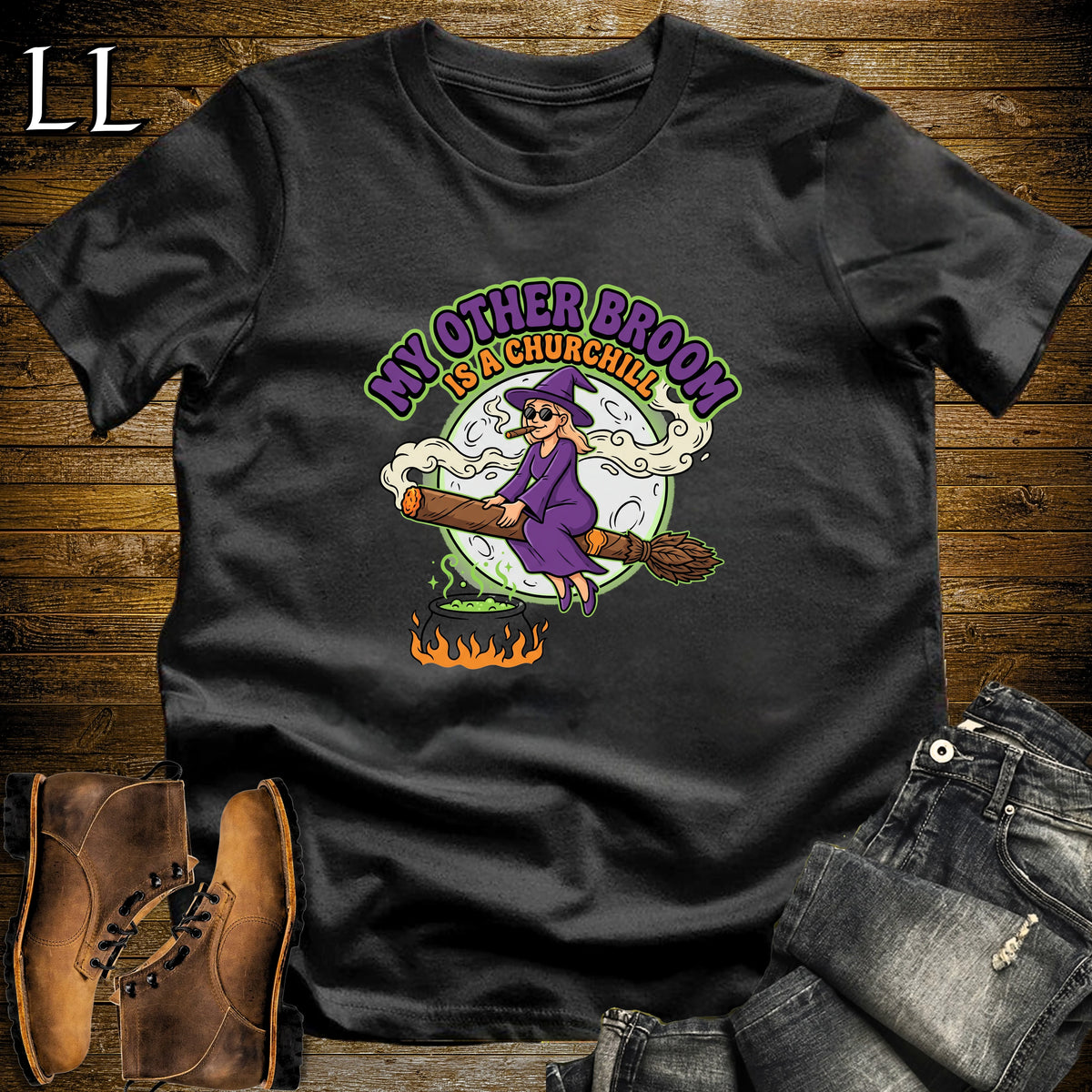My Other Broom Is a Churchill Witch Moon Cigar White Woman T-Shirt Black | Witch Cigar Tee