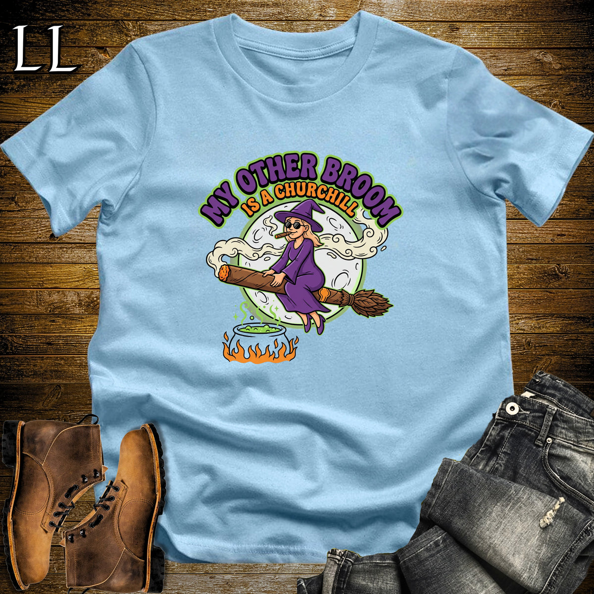 My Other Broom Is a Churchill Witch Moon Cigar White Woman T-Shirt Light Blue | Witch Cigar Tee