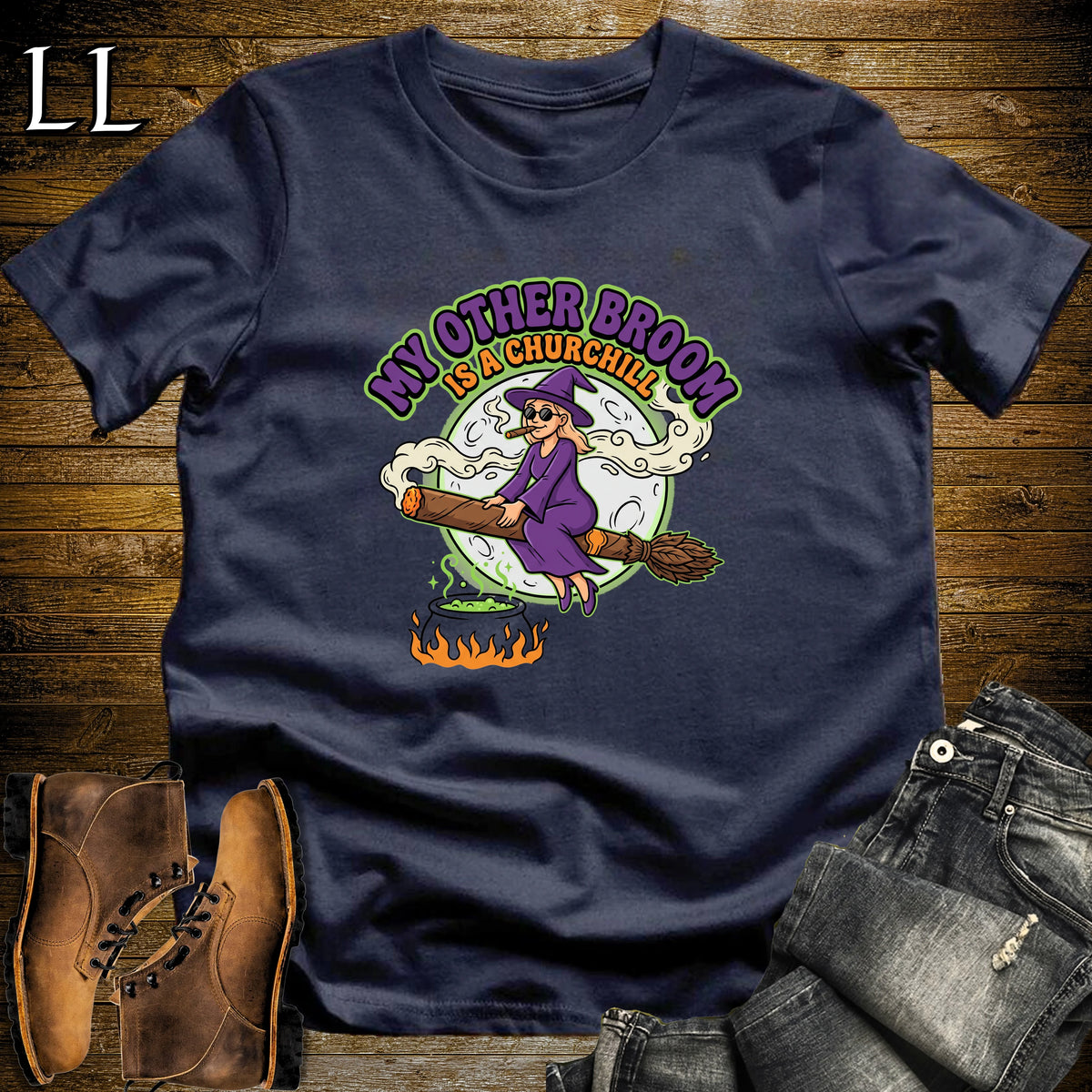 My Other Broom Is a Churchill Witch Moon Cigar White Woman T-Shirt Navy | Witch Cigar Tee