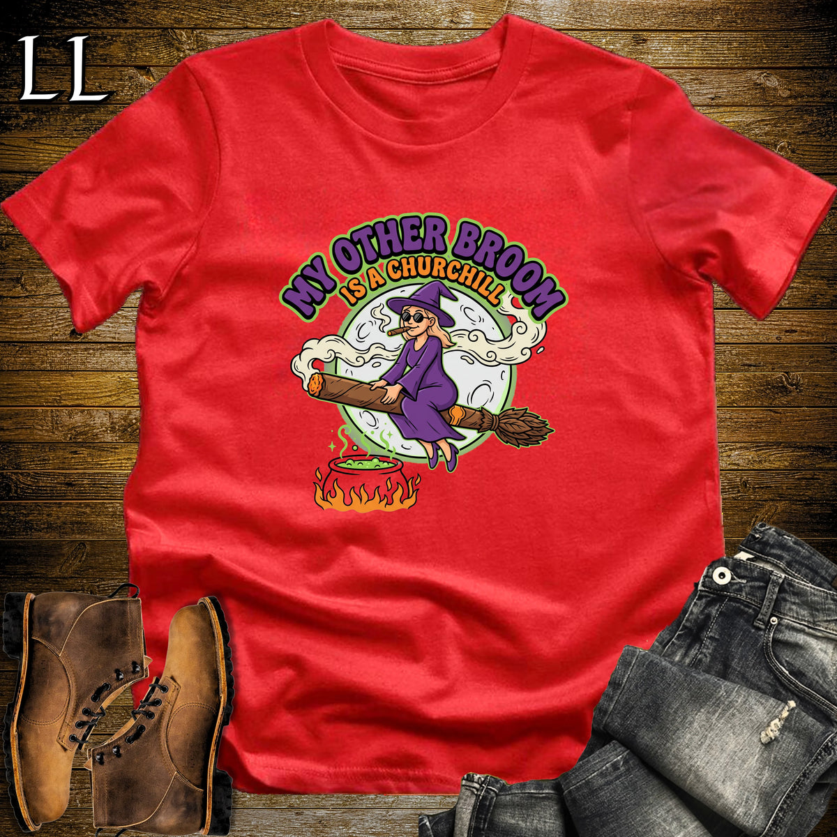 My Other Broom Is a Churchill Witch Moon Cigar White Woman T-Shirt Red | Witch Cigar Tee