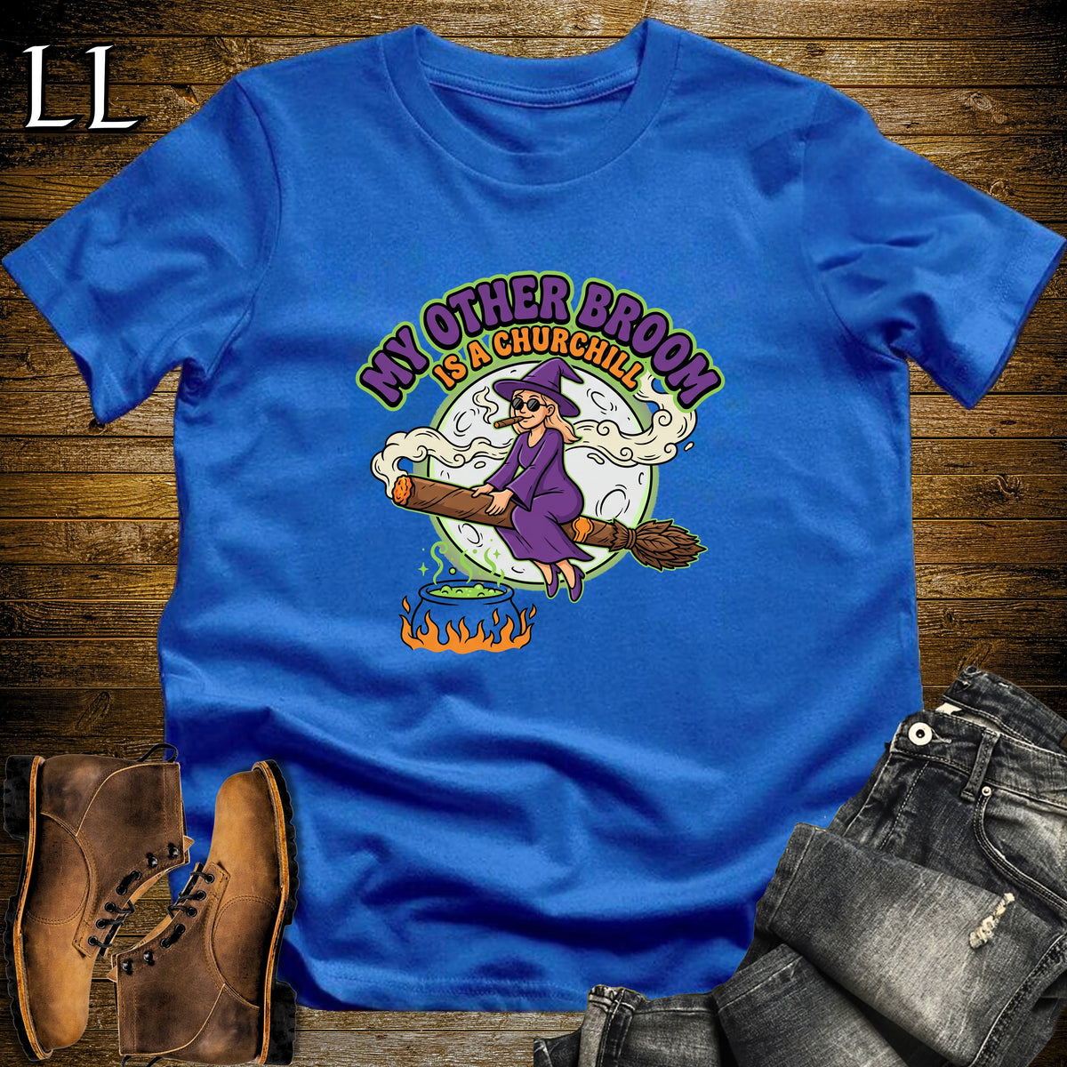 My Other Broom Is a Churchill Witch Moon Cigar White Woman T-Shirt Royal | Witch Cigar Tee